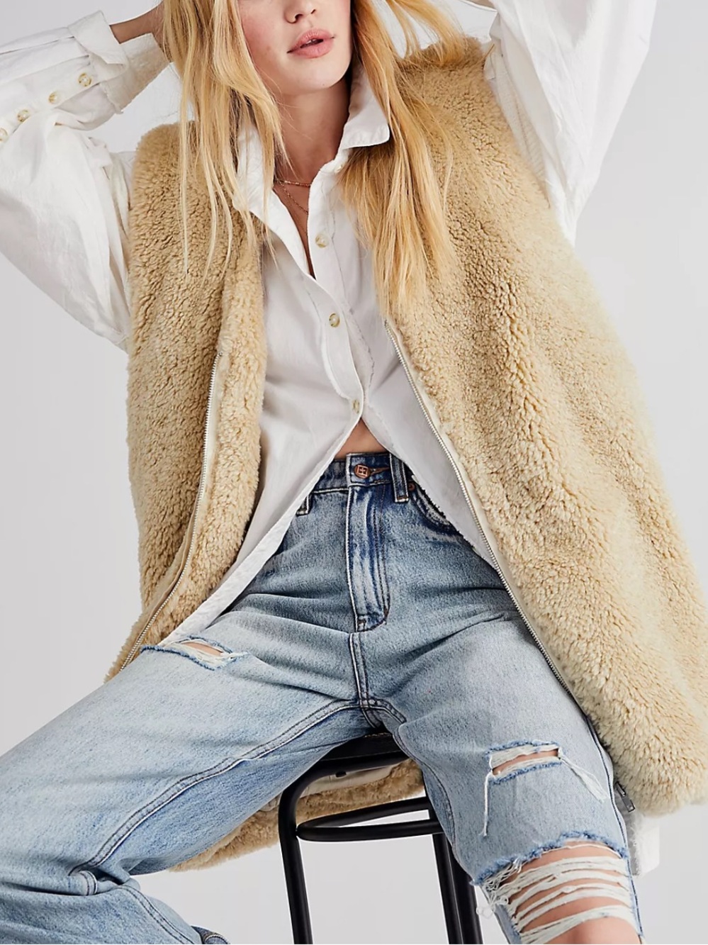 free people We The Free Cream great escape Teddy Vest s oversized